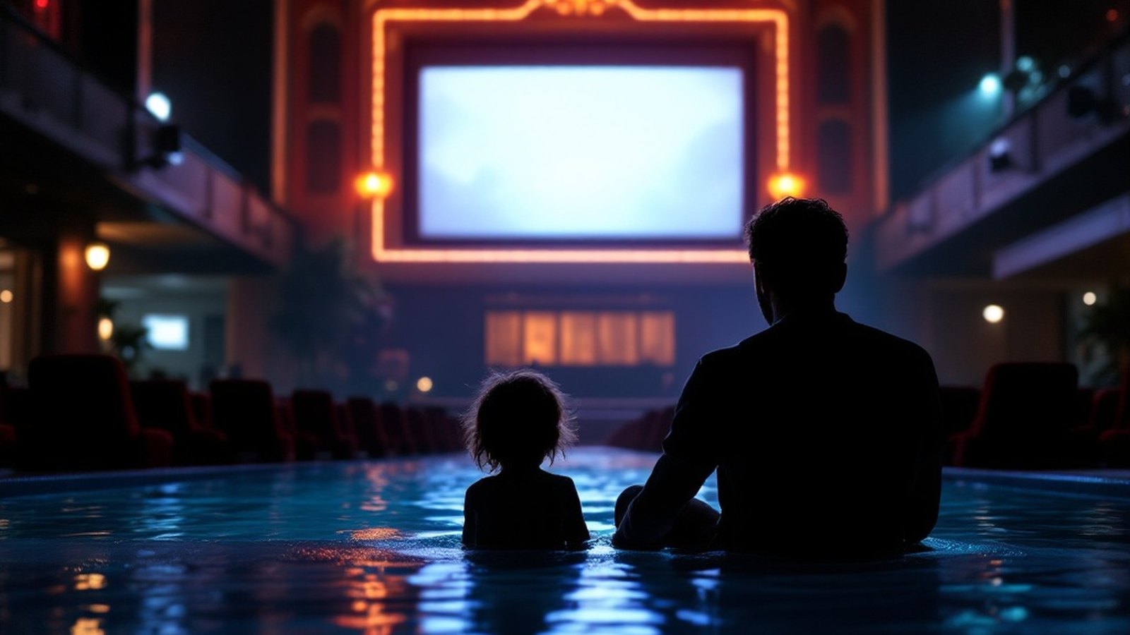 A father and young child silhouetted by a shimmering hotel pool at dusk, seen through soft camcorder grain