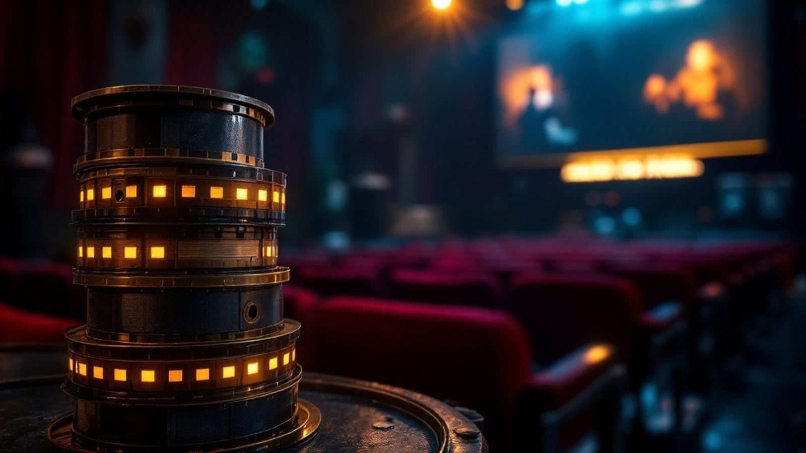A stack of worn film canisters and a coiled reel catching brass-coloured light in a booth