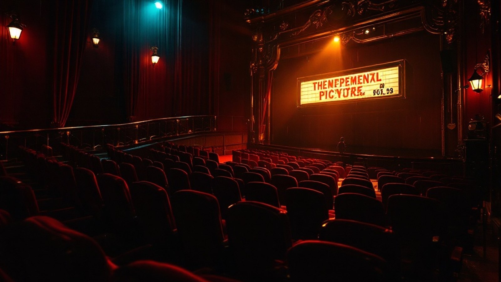 The worn velvet seats and faded gilt of a small independent picture house lit by a single house lamp