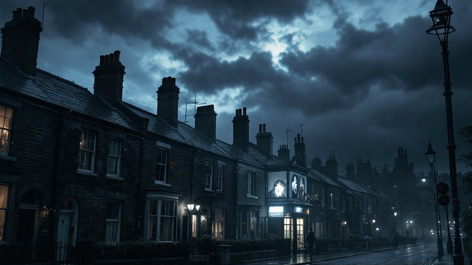 A row of northern terraced houses under an overcast sky, chimneys and wet cobbles receding into grey