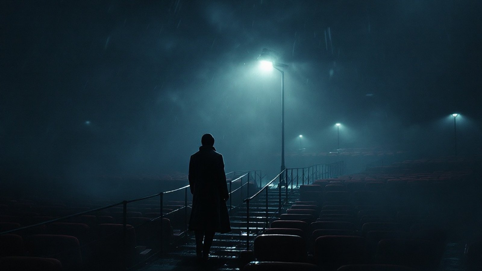 A lone figure in a long coat crossing a fog-bound bridge at night under a single lamp