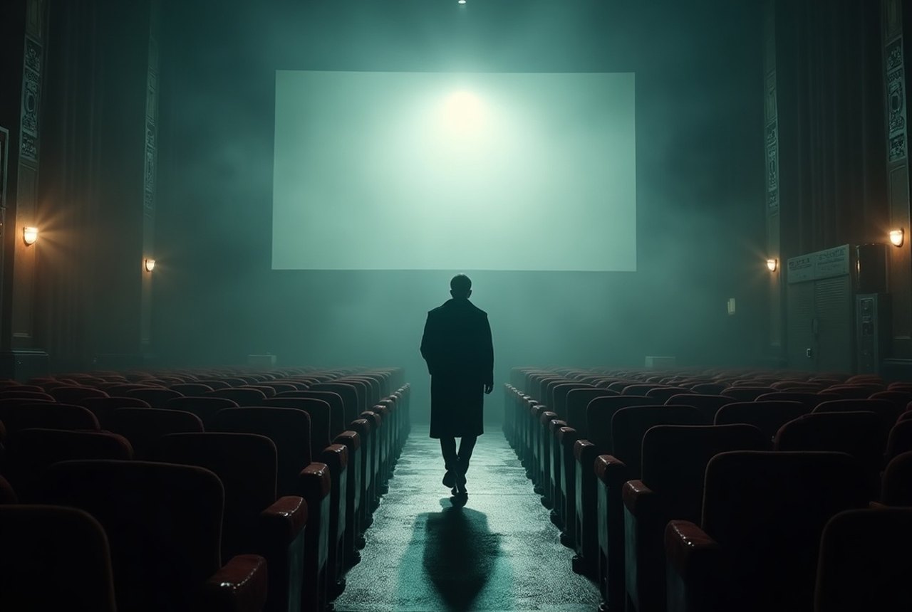 A lone figure in a long coat crossing a fog-bound bridge at night under a single lamp