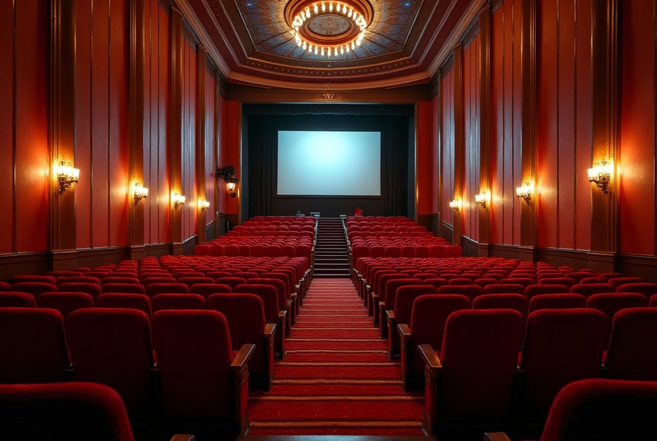 An ornate Art Deco cinema foyer at night, warm bulbs glowing along a curved staircase