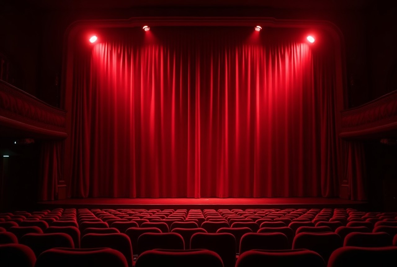 A spotlit empty theatre stage drenched in saturated crimson light, curtain edge just visible