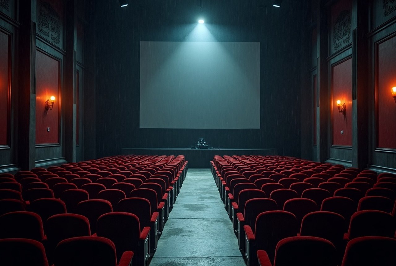 An empty film set at night, a dolly track and a shrouded camera under a single work-light