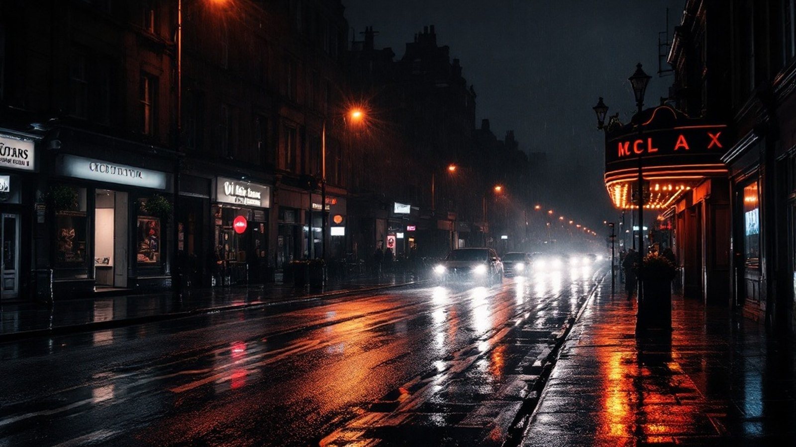 A rain-slicked Glasgow street at night, headlights smearing across wet tarmac under sodium lamps
